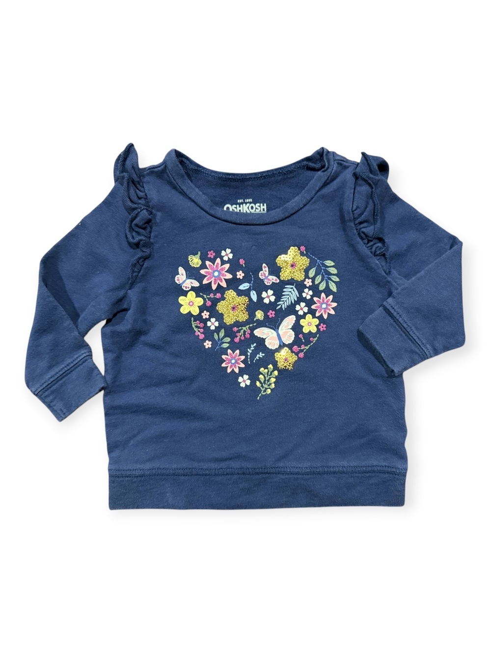 OshKosh B'gosh 6M Navy Blue Sweatshirt w/Floral Heart and Ruffle Shoulder Detail